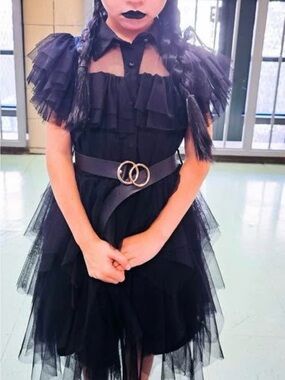 Girls' Black Layered Tulle Dress with Ruffled Shoulders